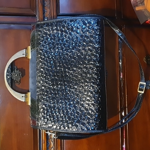 Vtg 80s Mock Croc Suede Satchel Tote - Picture 2 of 9